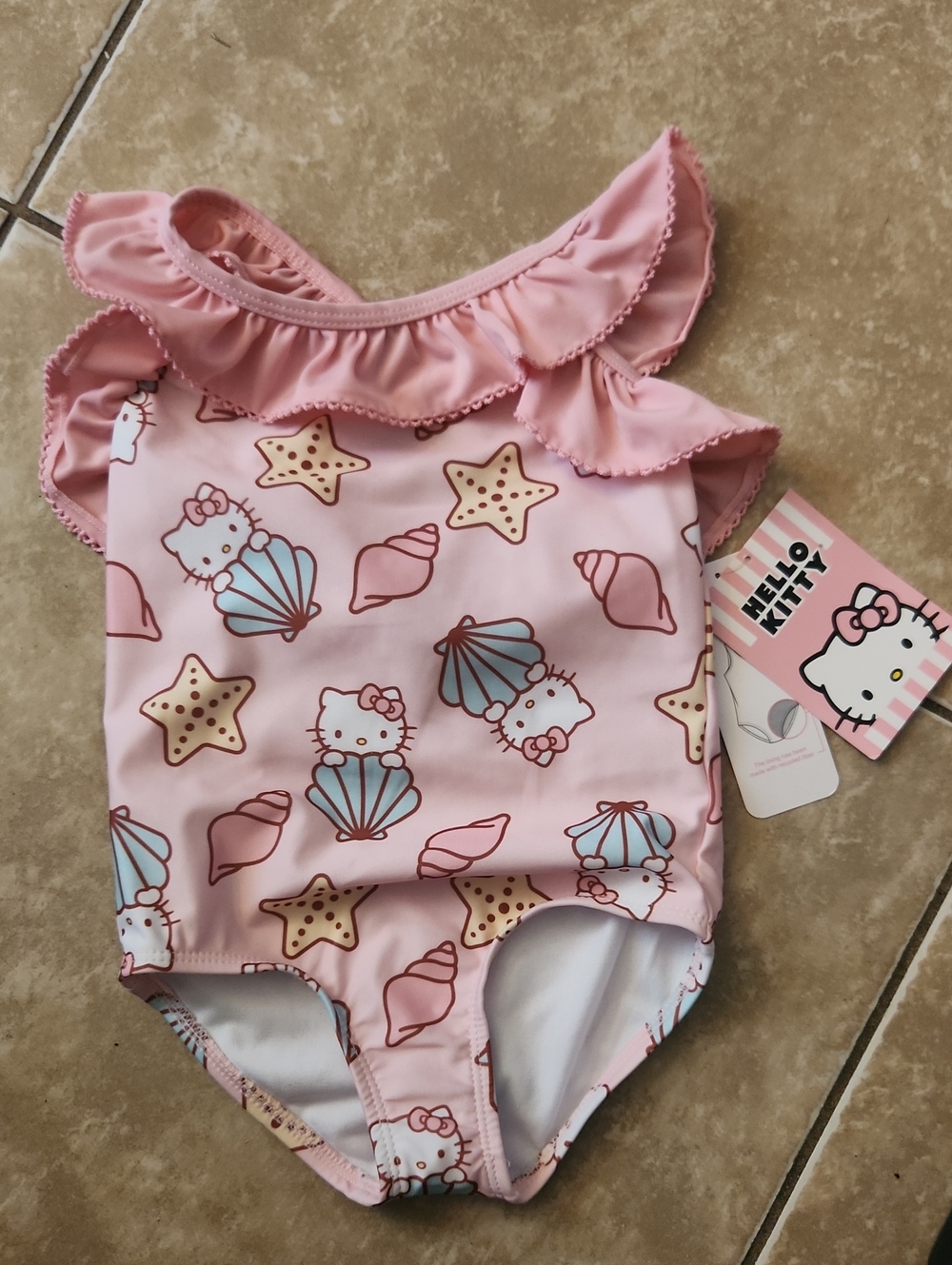 Hello Kitty Pink Shell-Print Ruffle Swimsuit
